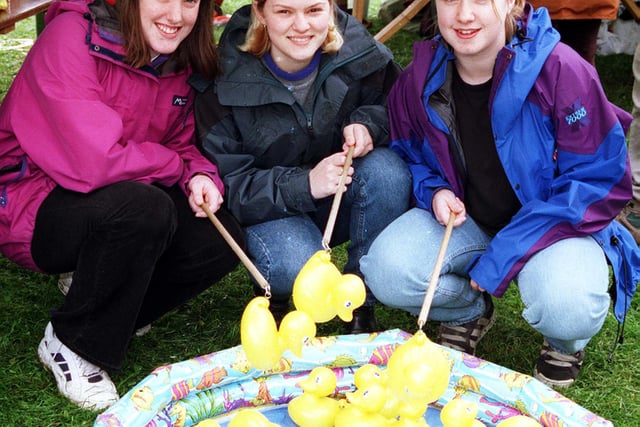 Girls from the 9th Doncaster Scout group show how it's done on the scouts stall at Cusworth Gala in 1998. The girls all aged 19 are from left to right, Kerry Stead, Lisa Hatton and Miriam Pay.