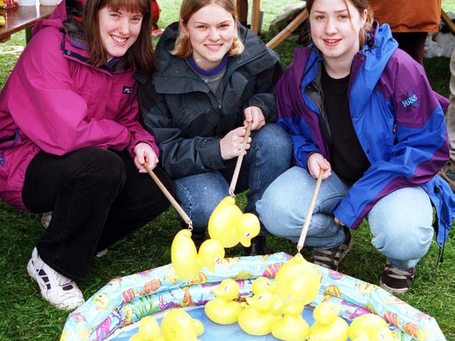 Girls from the 9th Doncaster Scout group show how it's done on the scouts stall at Cusworth Gala in 1998. The girls all aged 19 are from left to right, Kerry Stead, Lisa Hatton and Miriam Pay.