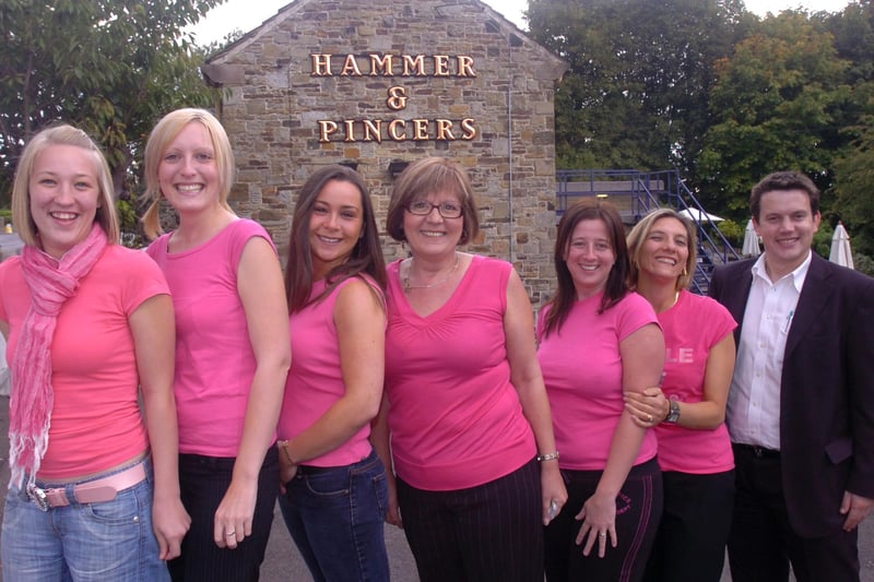 Pictured at the Hammer and Pincers pub, Ringinglow Road, in September 2007 where the pub's Pink team of sponsored walkers for the Weston Park Hospital Cancer Appeal lined up with landlord Conor Smith. From left they are Chantelle Simpkins, Lauren Troughton, Vanda Jankowski, Kath  Troughton, Jeanette Addis and Lisa Berry.