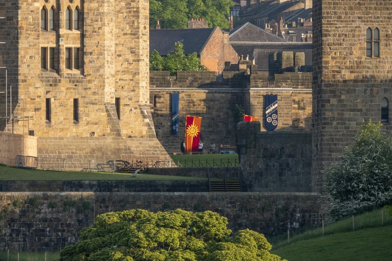A view of banners going up at Alnwick Castle.