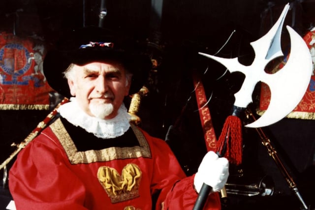 Bearnard Whitehead taking on the role of a Beefeater whilst looking after the replica crown jewels for a week in 1997
