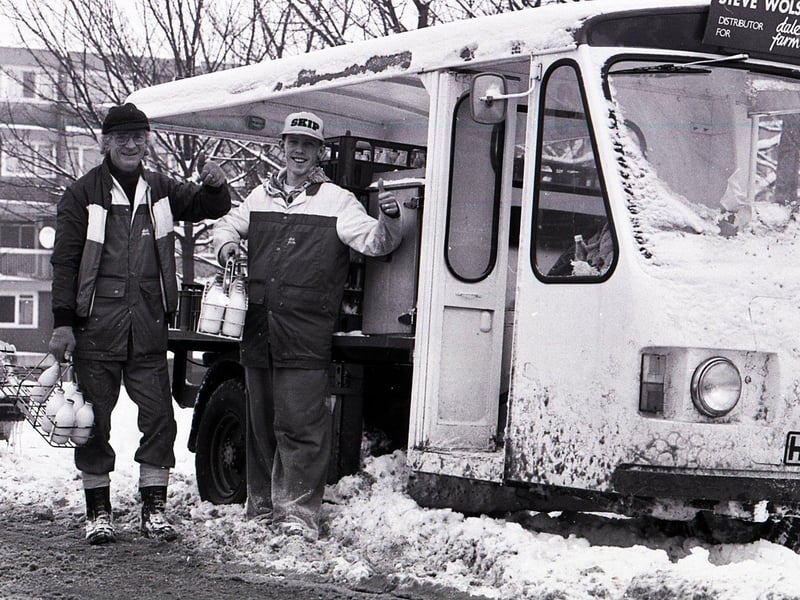 The bad weather didn't stop these milkmen getting their deliveries through in February 1991