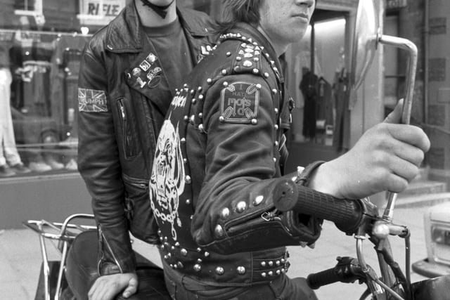 Boys in black leathers with their Honda motorbike in Edinburgh, May 1980.