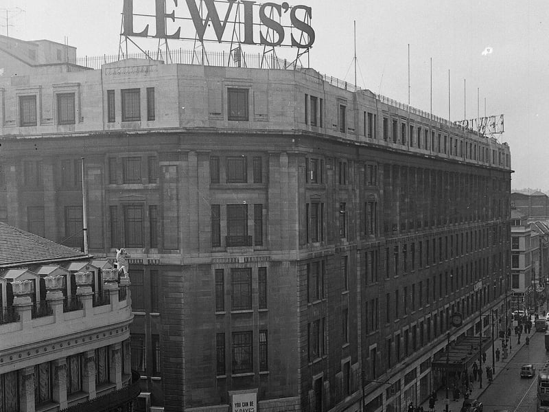External view of Lewis Store, Argyle Street in Glasgow showing large sign on top of the building.