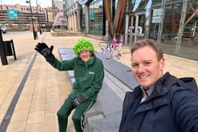 Channel 5 broadcaster, Dan Walker, pictured with John Burkhill in Sheffield city centre this morning