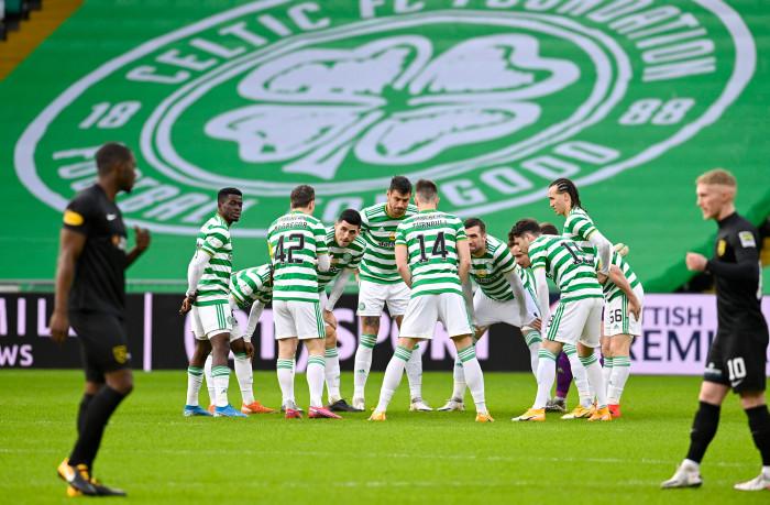 GLASGOW, SCOTLAND - JANUARY 16: The Celtic socially distanced huddle during a Scottish Premiership match between Celtic and Livingston at Celtic Park on January 16, 2021, in Glasgow, Scotland. (Photo by Rob Casey / SNS Group)