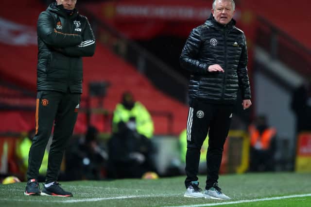 Ole Gunnar Solskjaer and Chris Wilder, the Sheffield United manager (R), at Old Trafford: Simon Bellis/Sportimage