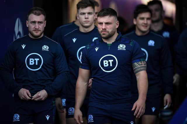 Scotland's Stuart Hogg and Rory Sutherland at a training session at Murrayfield Stadium in Edinburgh in February 2020. (Photo by Andy Buchanan/AFP via Getty Images)