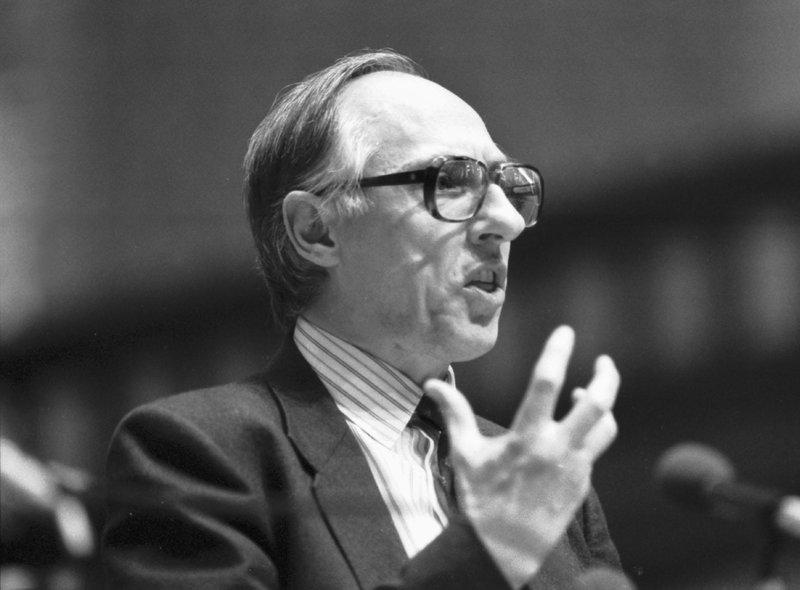 Shadow Scottish secretary Donald Dewar addresses the Scottish Trades Union Congress (STUC) conference in Glasgow, April 1990.