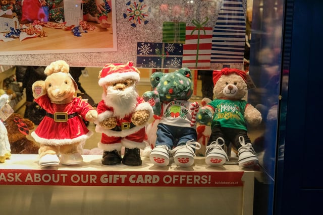 These teddy bears have been dressed up in their festive finery for Christmas