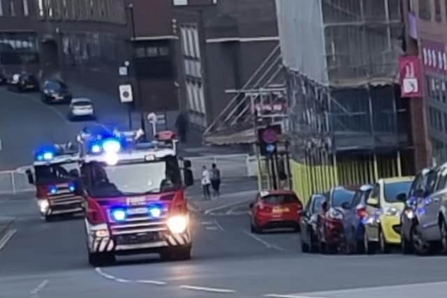 Fire engines on Scotland Street, Sheffield, this evening on their way to the flat fire