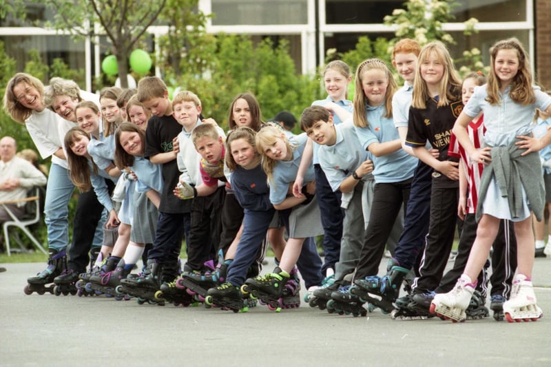A 1997 photo showing  Seaburn Dene Primary School. Class Five from Seaburn Dene Primary School put on their wheels to raise cash for the Macmillan Nurses Appeal, with teachers Val Leek and Helen Armstrong joining them.