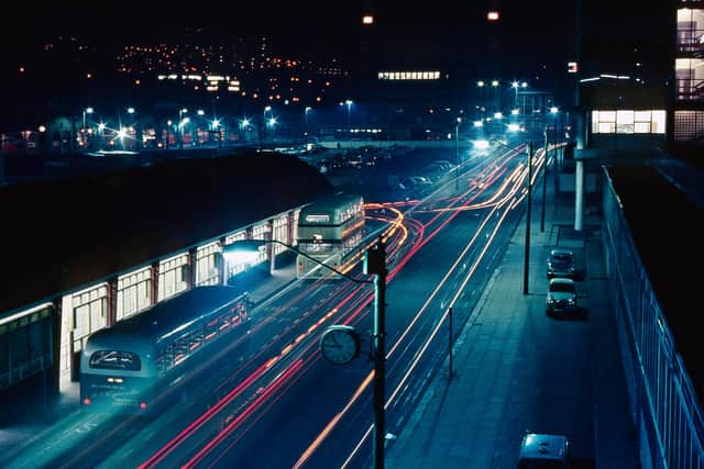 Ted Parker's 1965 picture of "Pond Street bus station, complete with a Wigmore's bus to Dinnington, taken from outside the then brand new Cineplex cinema which used to show 'art' and foreign films on a regular basis!"