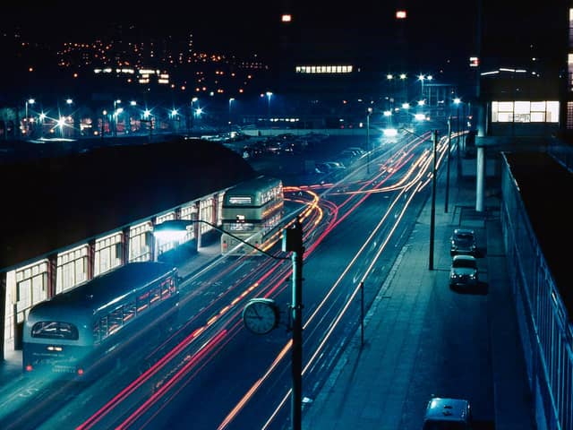 Ted Parker's 1965 picture of "Pond Street bus station, complete with a Wigmore's bus to Dinnington, taken from outside the then brand new Cineplex cinema which used to show 'art' and foreign films on a regular basis!"