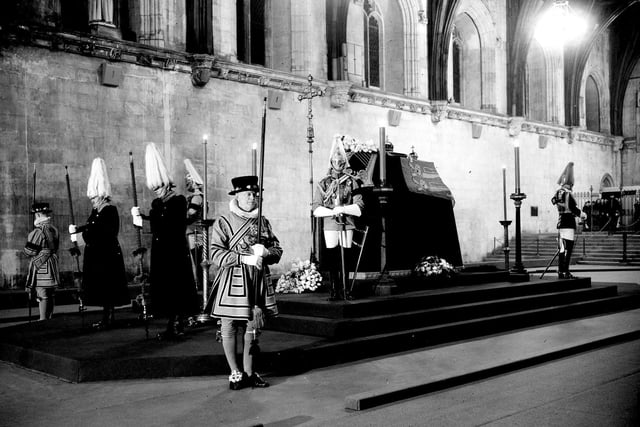 The coffin of King George VI lying in state at Westminister Hall, London in February 1952