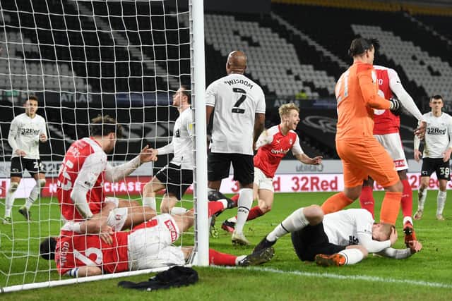 Jamie Lindsay of Rotherham United celebrates after scoring the Millers' goal during the Sky Bet Championship match between Derby County and Rotherham United at Pride Park Stadium. (Photo by Gareth Copley/Getty Images)