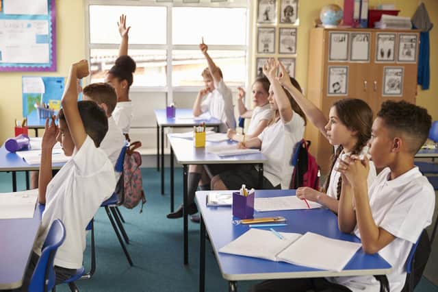 Pupils raise hands in a lesson at primary school. Picture: Shutterstock