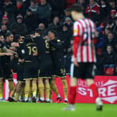 Tommy Doyle of Sheffield United celebrates with teammates after scoring against Sunderland: Simon Bellis / Sportimage