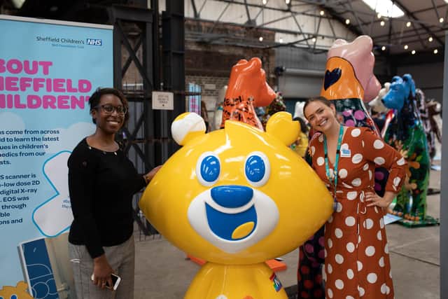 Pictured L-R Project Manager Cheryl Davidson, Charity mascot sculpture Theo Bear and Chloë Brunton-Dunn.