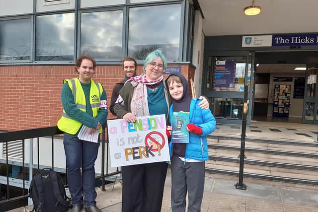 Pictured on the picketline outside The Hicks building, Broomhall are (left to right): James Brotherstone; Dan Groves and Dr Katherine Inskip with her son, Daniel