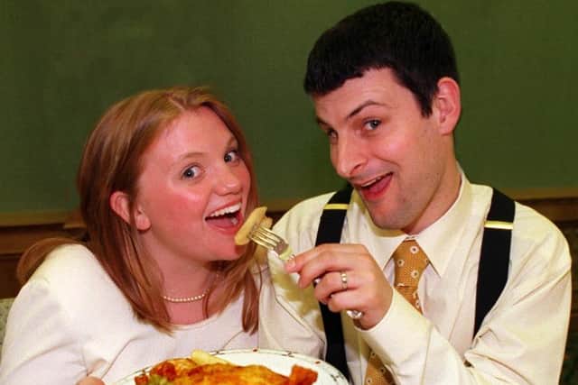 Kate and Graham Bottley tucking into a fish and chip supper on their wedding day at Sheffield's Kenwood Hall in 1998. Reverend Kate Bottley, as she is today, would go on to become a star of the TV show Gogglebox and a presenter on Radio 2