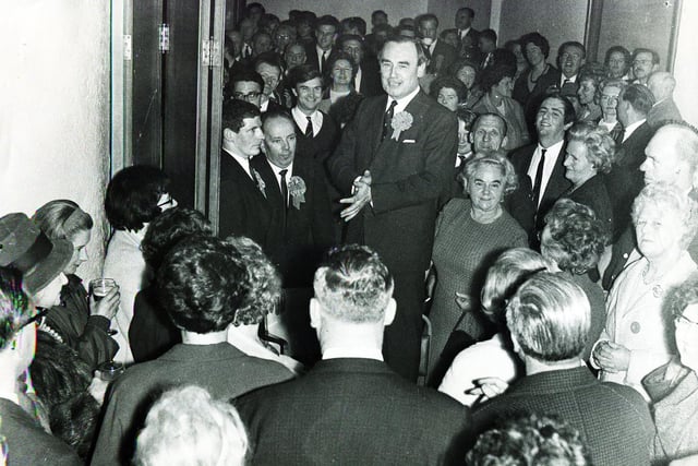 Ald H Hebblethwaite surrounded by jubilant supporters at a celebration party in the Grand Hotel, Sheffield, in May 1968, following the municipal election