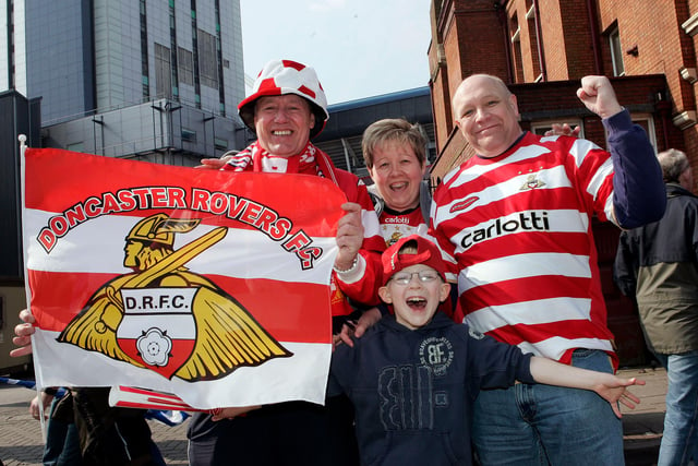Doncaster Rovers supporters outside the Millennium Stadium in Cardiff ahead of the Johnstone's Paint Trophy final.
