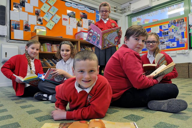 Hutton Henry Primary school pupils (left to right) Ellie Davis, Eve Mutton, Ralphie Pond, Pippa Hutchinson, Jackson Roberts and Beth Teahen reading their books during World Book Day in 2016. Does this bring back happy memories?