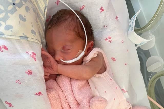 Baby Imogen Coleman was one of the first to try out SCBU’s new Zacy Hug after she was born five weeks early on 1 May, weighing just 3lbs 6oz.