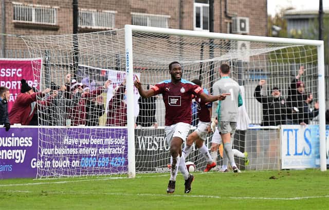 South Shields' opener is scored by Darius Osei (all pics courtesy of Kev Wilson).