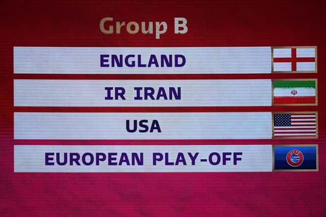 England will play Iran, the USA, and one of either Scotland, Wales or Ukraine in the World Cup group stages.