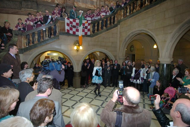 Irish dancers performing in the packed lobby at Sheffield Town Hall, where a civic reception was held in celebration of St Patrick's Day 2009