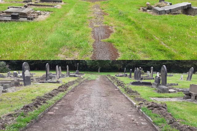 Before and after volunteers cleared the path at Darnall Road Cemetery
