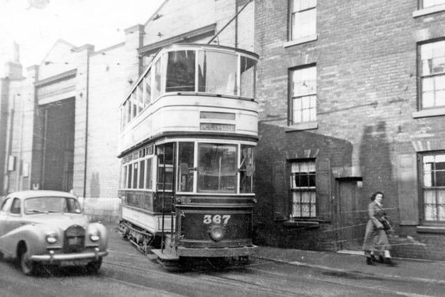 Tram No. 367 at Holme Lane Depot, in Hillsborough, Sheffield, in February 1954
