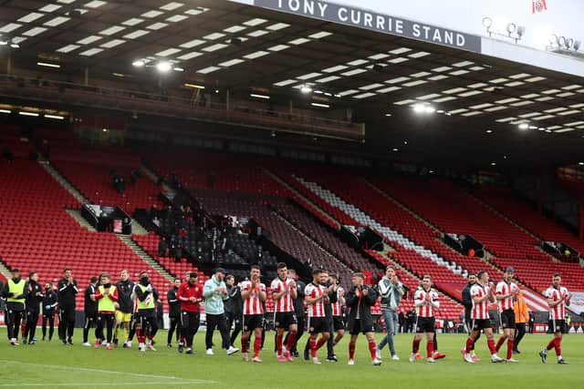 Players of Sheffield United acknowledge the fans following the Premier League match between Sheffield United and Burnley at Bramall Lane . (Photo by George Wood/Getty Images)