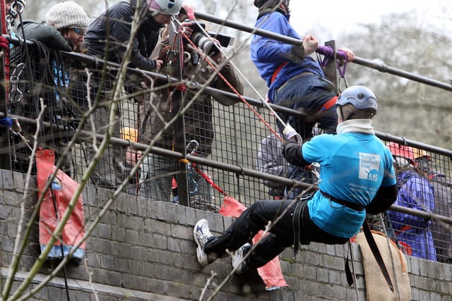 Members of the Multiple Sclorosis Trust begin their abseil off the viaduct at Miller's Dale to mark Mutiple Sclorosis Awareness week in 2008