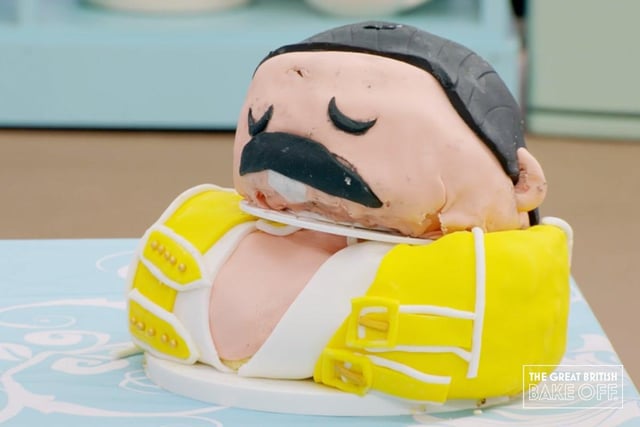 Unfortunately for Laura, her cake bust of iconic Queen singer Freddie Mercury didn’t exactly go to plan, when the cake version of his head exploded in the baking process (Photo: Channel 4)
