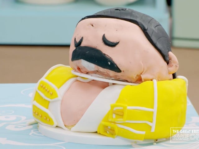 Unfortunately for Laura, her cake bust of iconic Queen singer Freddie Mercury didn’t exactly go to plan, when the cake version of his head exploded in the baking process (Photo: Channel 4)