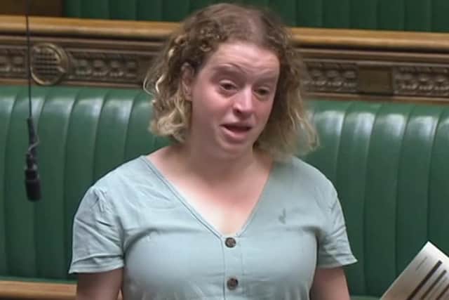 An image from Parliament TV of Olivia Blake speaking in the Commons about her own experience of miscarriage as part of her campaign to get better healthcare and support services