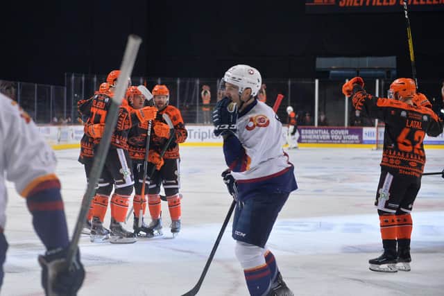 Celebration for Sheffield Steelers after a first period goal.  Pic Dean Woolley