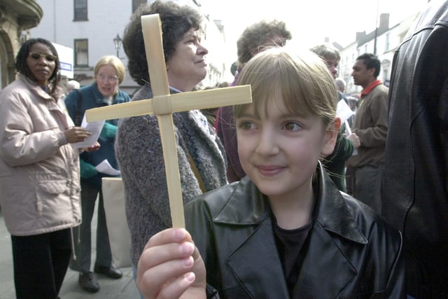 Charlotte Gosden (10) from Balby, took part in the walk of witness procession in Doncaster Town Centre in 2002
