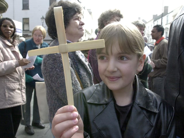 Charlotte Gosden (10) from Balby, took part in the walk of witness procession in Doncaster Town Centre in 2002