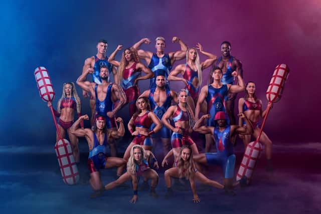 The line up for BBC's Gladiators 2023. Top row, left to right: Legend, Fire, Bionic, Diamond, Nitro. 2nd row, left to right: Electro, Giant, Steel, Apollo, Comet. 3rd row, left to right:  Viper, Athena, Fury, Phantom. Bottom row, left to right: Sabre, Dynamite.