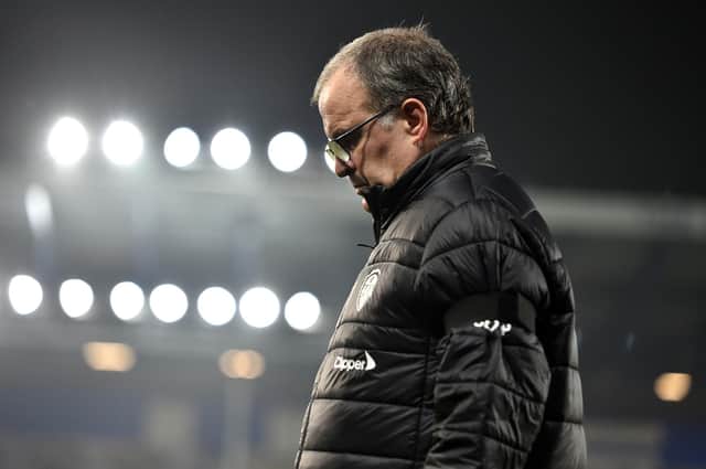 Marcelo Bielsa, manager of Leeds United, looks on during the Premier League match against Everton at Goodison Park.