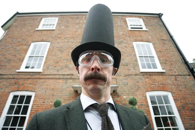 Junior Taskmaster assistant Mike Wozniak with his incredibly tall hat, ready to be filled with different things (Picture: Avalon)