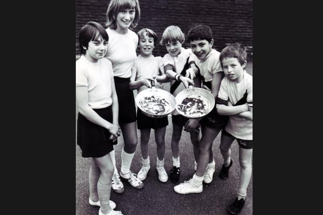 This was the sort of thing you could expect at your school sports day at a Sheffield primary school. This picture shows the Carfield Junior School pancake race team - pictured during the sports day between Carfield and Heeley Bank Junior Schools - left to right, Joanne White, Denise Condon, Sarah Kriel, Russell Davies, Paul Musleh, and Martin Bell, in February 1982