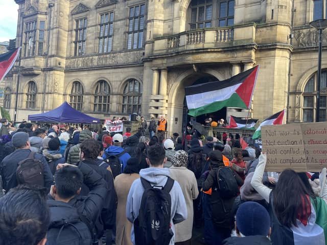 Free Palestine protest outside Sheffield Town Hall on November 1, when Sheffield City Council voted to call for a ceasefire in the Gaza conflict. Picture: LDRS