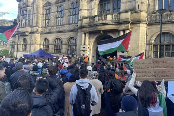Free Palestine protest outside Sheffield Town Hall on November 1, when Sheffield City Council voted to call for a ceasefire in the Gaza conflict. Picture: LDRS