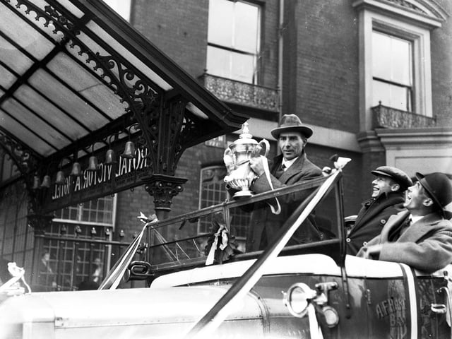 Billy Gillespie, Sheffield United Captain, arriving back at the Royal Victoria Hotel, Sheffield, with the FA Cup in 1925