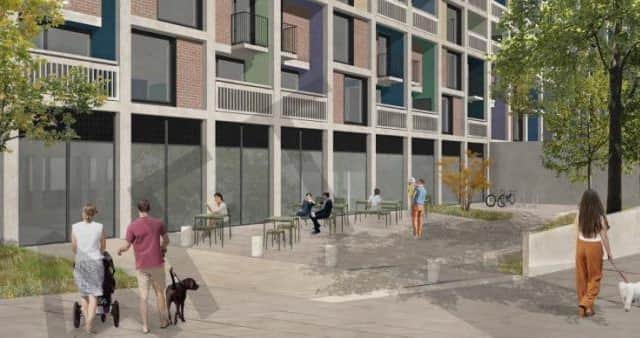 Vision for the new commercial space where Link Pub used to be. Developers have unveiled fresh plans for stage four of its redevelopment of the landmark Park Hill flats which starred in the Standing at the Sky’s Edge musical.